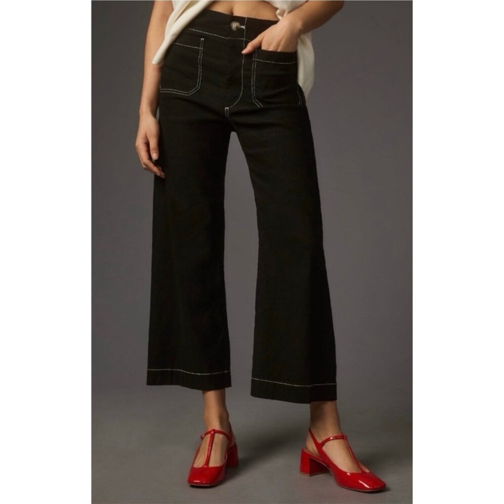 Maeve Colette Wide Leg Pant Size 27 Black White Stitch Cropped Linen Blend